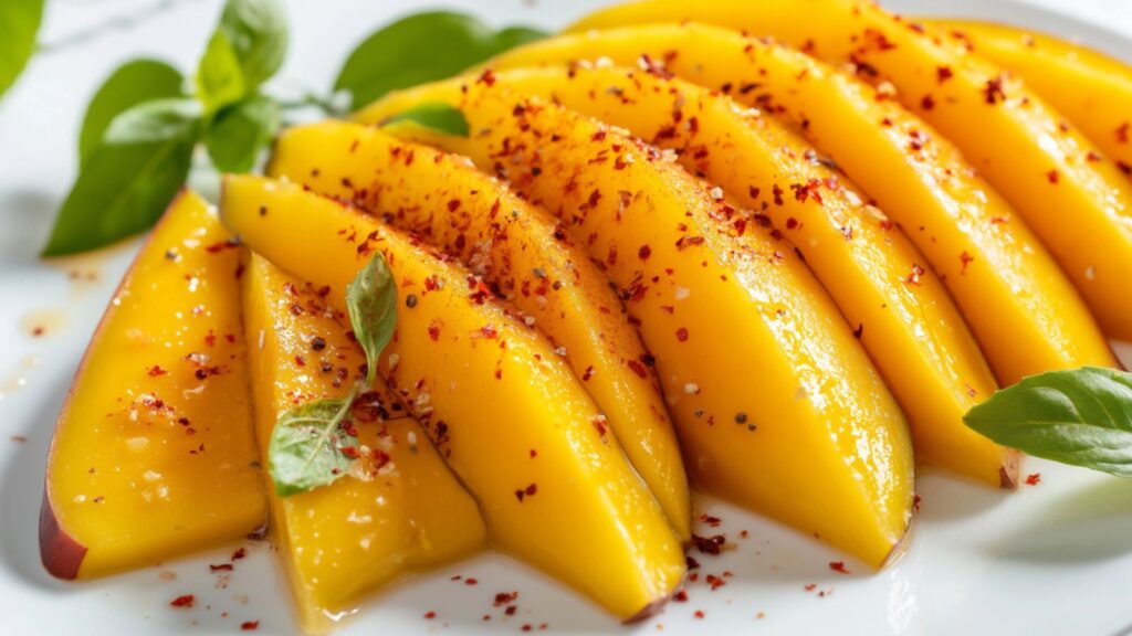 Sliced ripe mango sprinkled with chili powder,