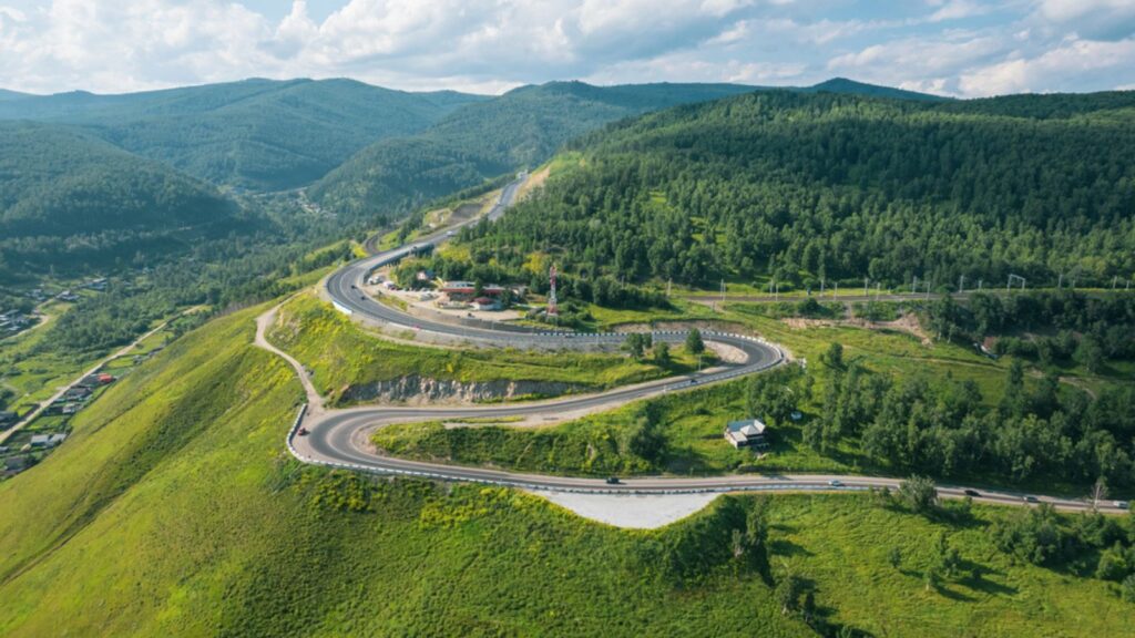The Baikal serpentine road - aerial view of natural mountain valley with serpentine road, Trans-Siberian Highway, Russia, Kultuk, Sludyanka