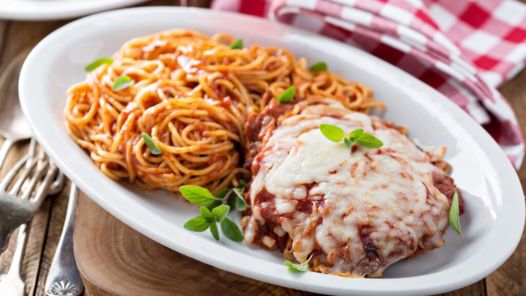 Veal Parmigiana with spaghetti