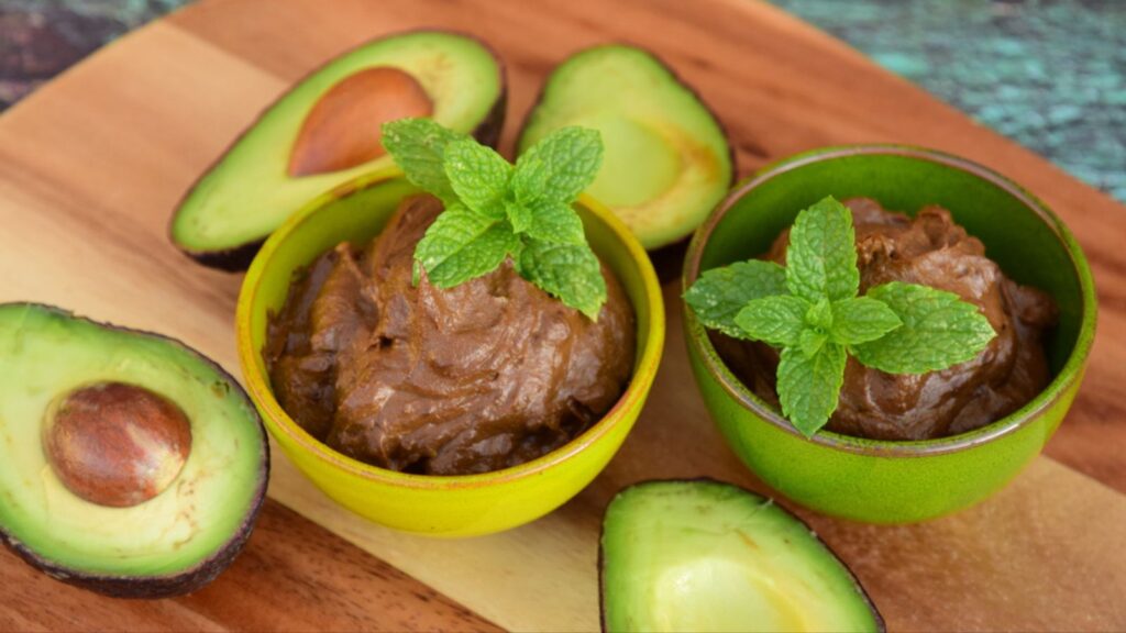 Vegan avocado chocolate mousse with mint leaves