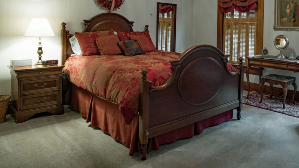 Victorian Bedroom with Red Damask Duvet bed skirt
