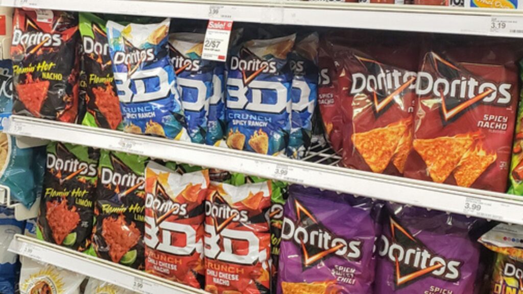 Los Angeles, California, United States - 04-26-2021: A view of the chip snack aisle, on display at a local grocery store.