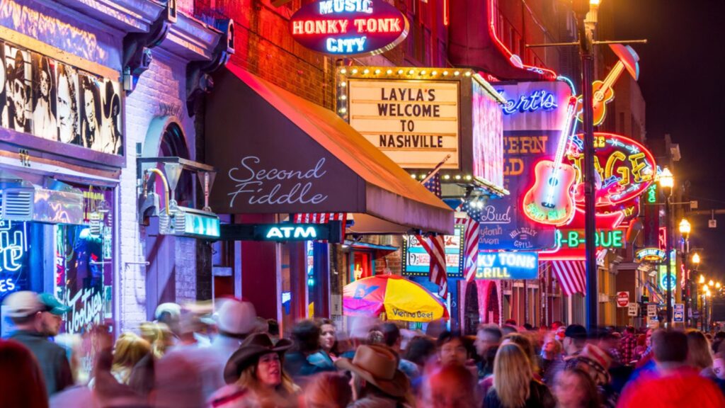 Neon signs on Lower Broadway Area on November 11, 2016 in Nashville, Tennessee, USA