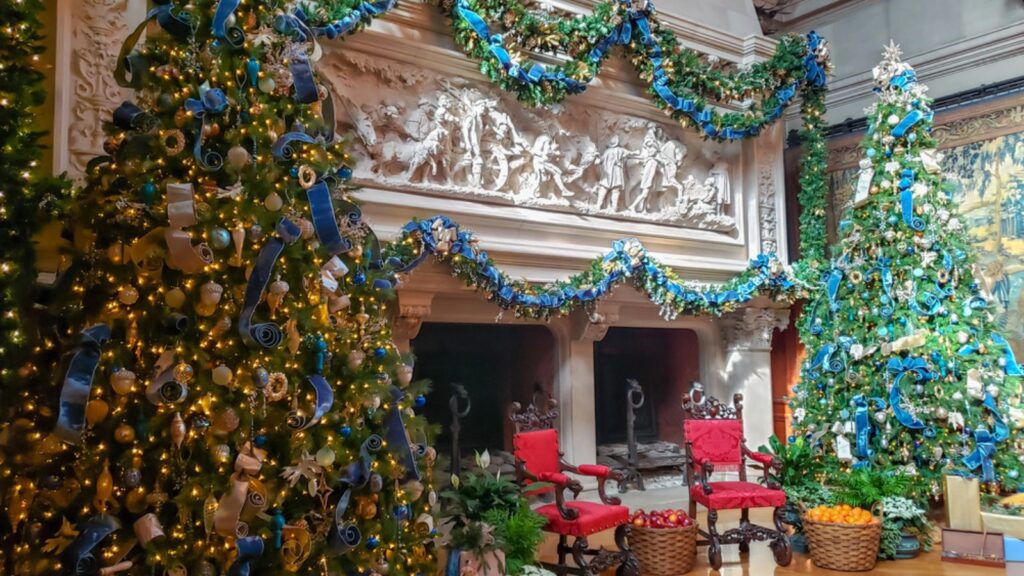 Biltmore Estate Dinning Room Fireplaces decorated for Christmas with Christmas Trees. Biltmore Estate Ashville, North Carolina December 4 2018