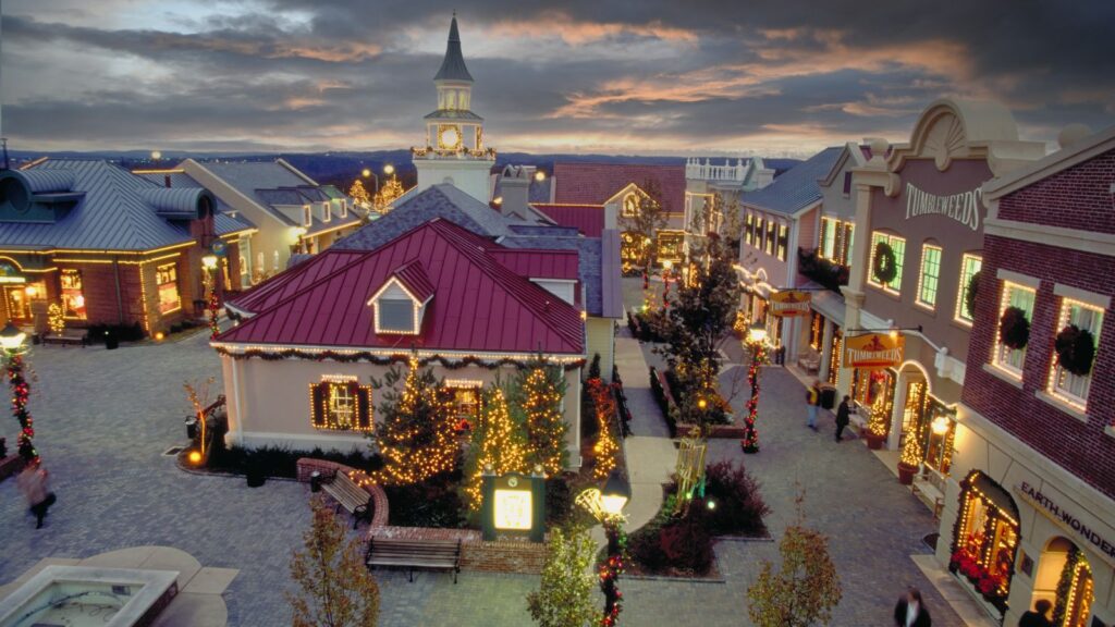 Branson, Missouri USA December 4, 1993 The Grand Village Shopping Center at Christmas time gives an old time flavor to shopping.