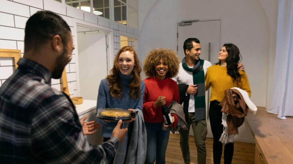 Front view of a group of young adult multi-ethnic male and female friends arriving at a party standing in the hallway of an apartment, one woman carrying a dish of food for the party