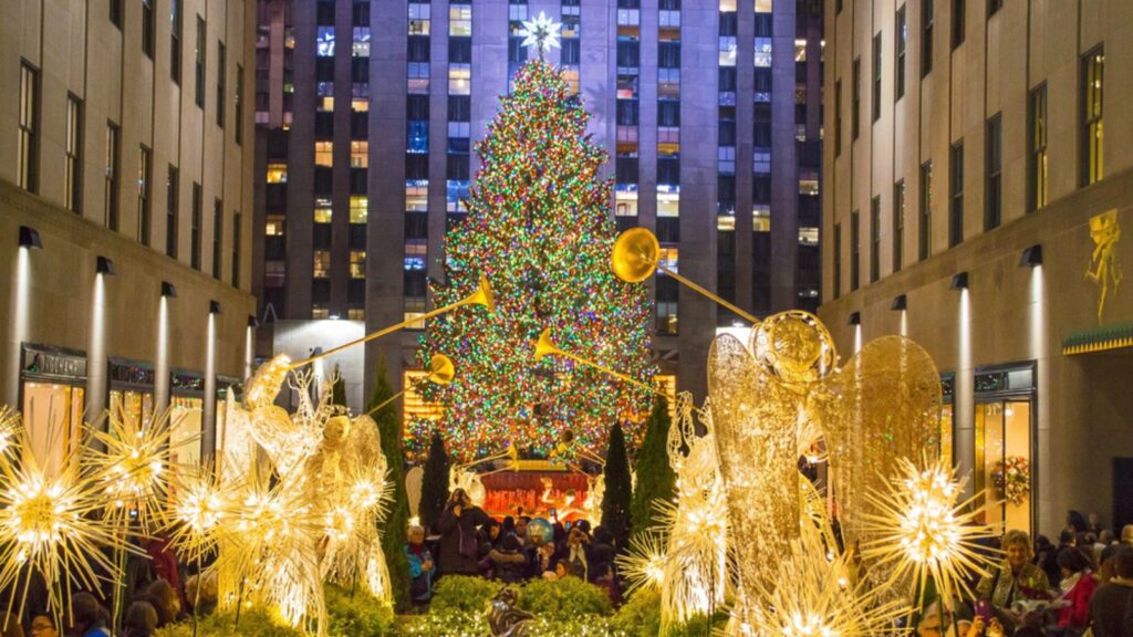 New York, USA. Rockefeller Center all decorated surrounding the newly lit Christmas tree on December 5, 2013.