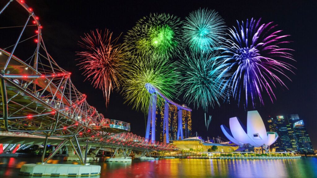 Beautiful firework over cityscape of Singapore city