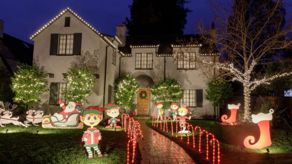 Christmas decor on a house. Christmas Tree Lane in Palo Alto, California, USA.