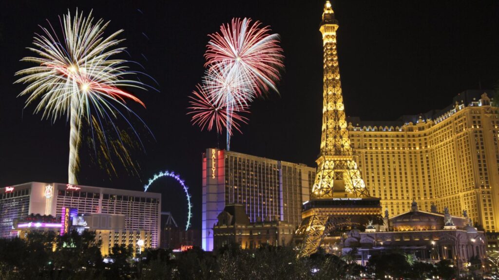 LAS VEGAS, NEVADA, JANUARY 1. The intersection of Bellagio and Las Vegas Boulevard on January 1, 2016, in Las Vegas, Nevada. A Fireworks Celebration at Bellagio