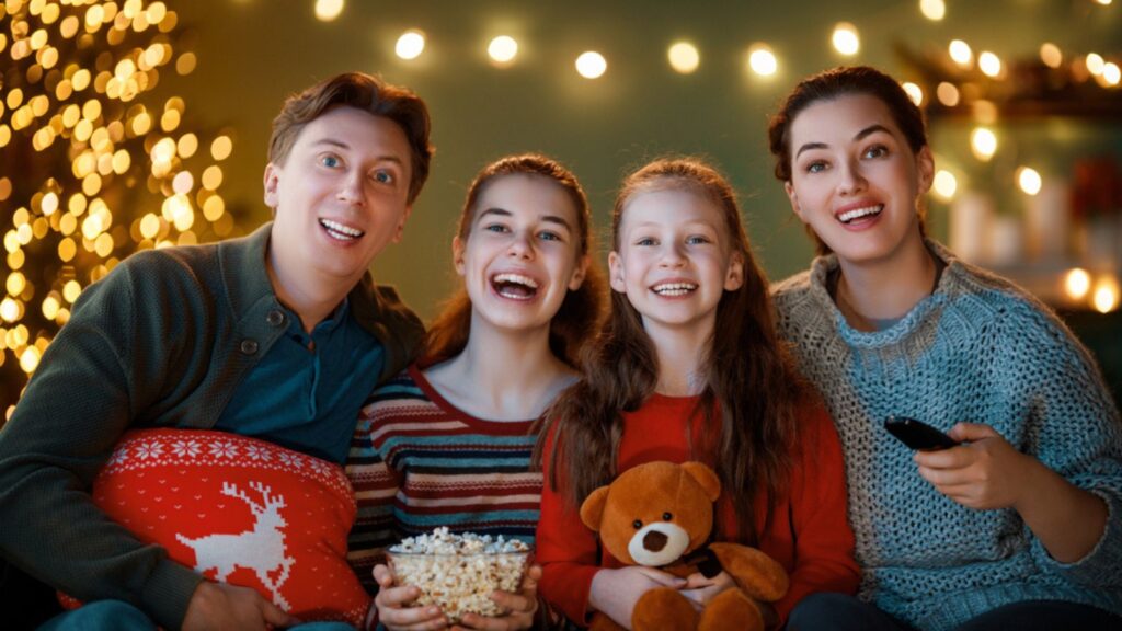 Merry Christmas and Happy New Year. People having fun near tree indoors. Loving family watching holiday movies at home. Mother, father and daughters spending time together.