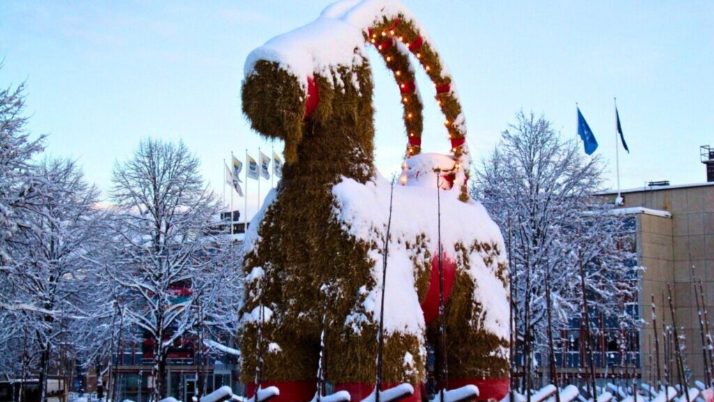 Picture of the huge straw Yule goat in Gefle Sweden. The picture was taken at noon december 21, 2009. Gavle Goat